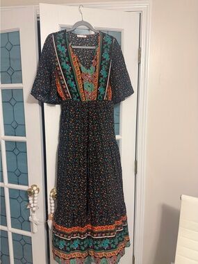 Boho Floral V-Neck Maxi Dress - Black with Teal & Orange